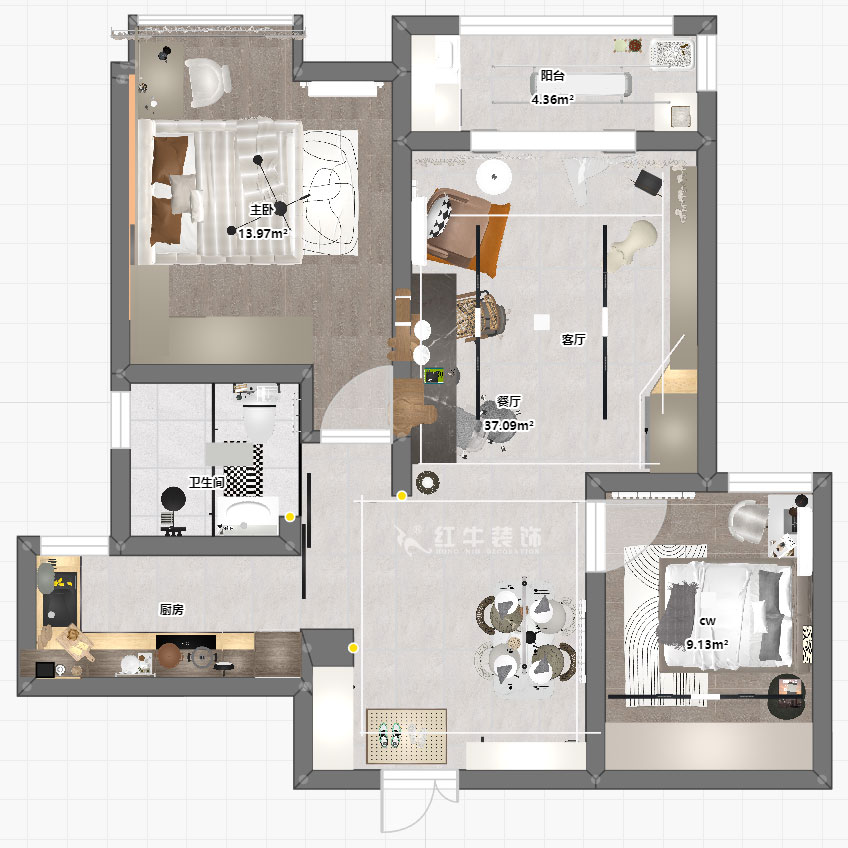 陶阳｜万科金色里程10-1203-90㎡-简约风格｜2室2厅1卫｜新房装修｜定制家｜全包12万｜00_03平面彩图